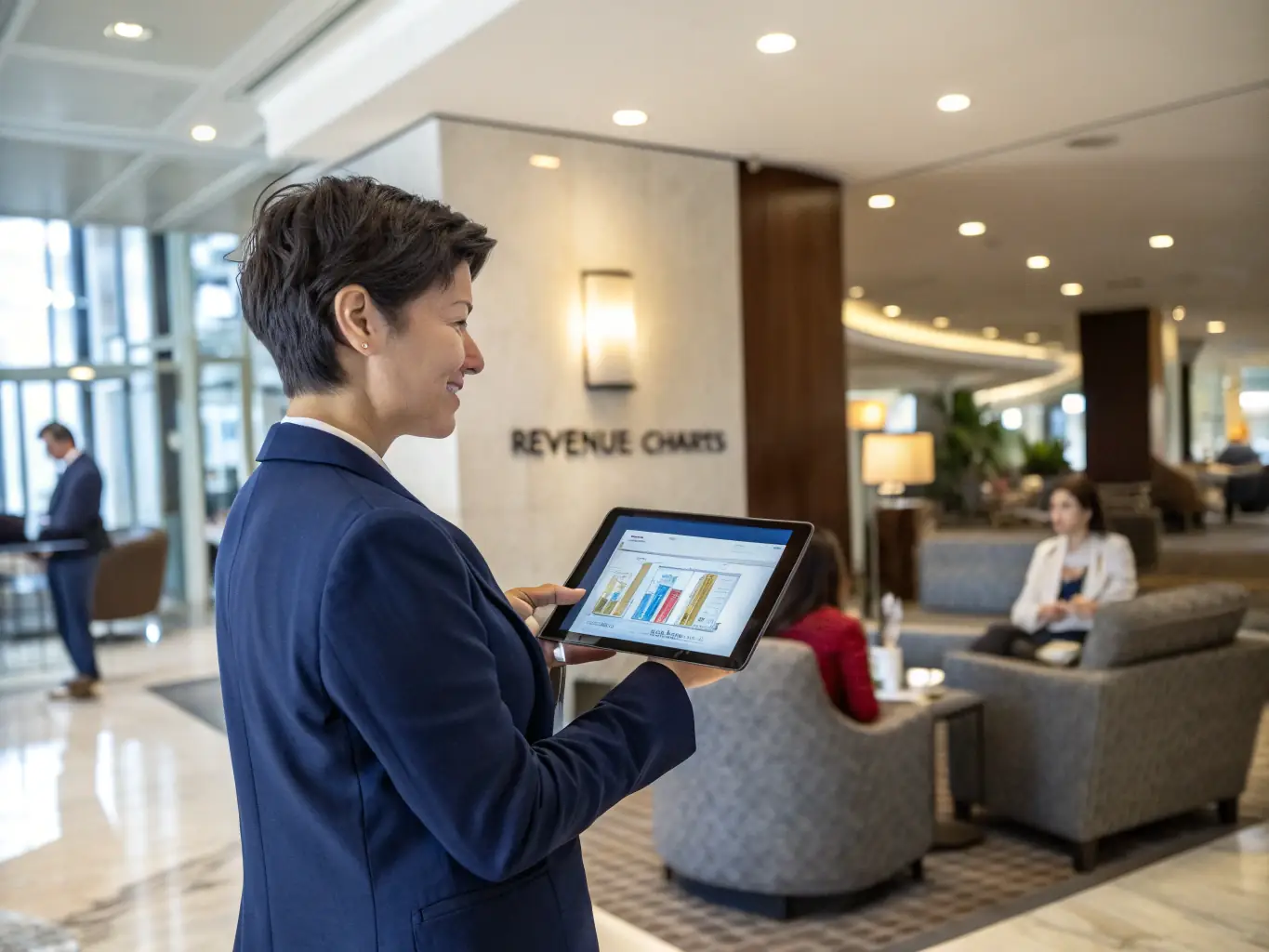 A photograph showcasing a hotel manager using a tablet to assign and monitor tasks, with a clear view of the task management interface on the screen.