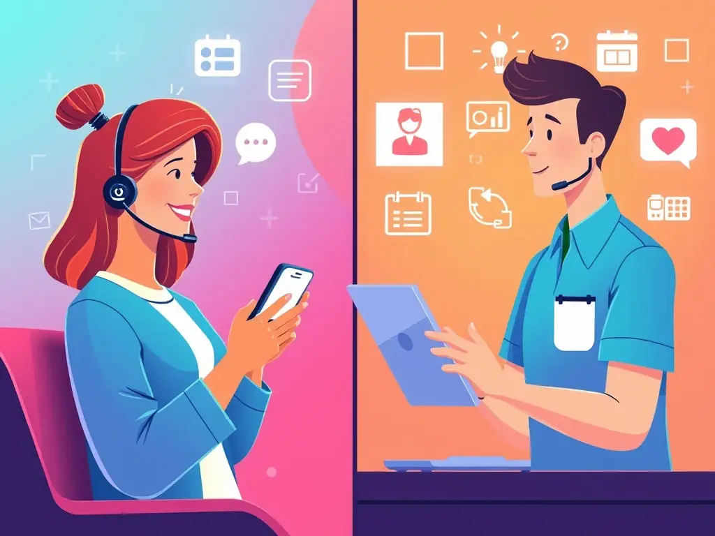 A digital illustration depicting hotel staff efficiently communicating and coordinating tasks using a mobile app interface, set against the backdrop of a modern hotel lobby.