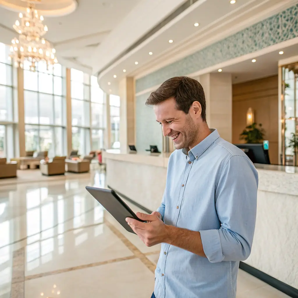 A guest filling out a satisfaction survey on their mobile device after their stay.