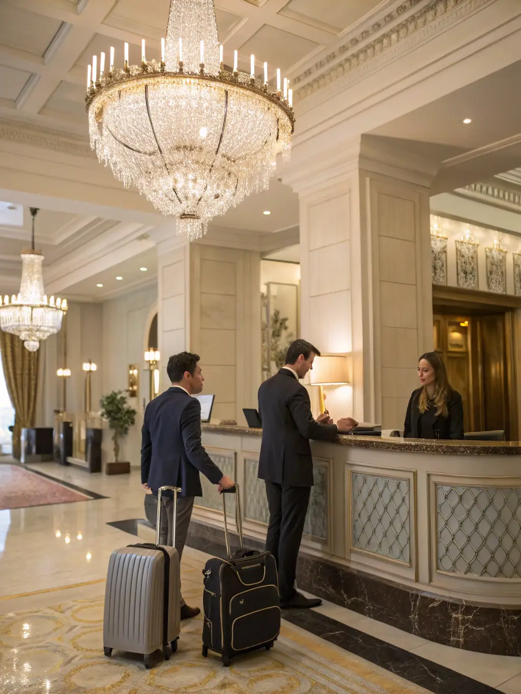 A modern hotel lobby with guests checking in, showcasing CheckInn's solution for large hotels.