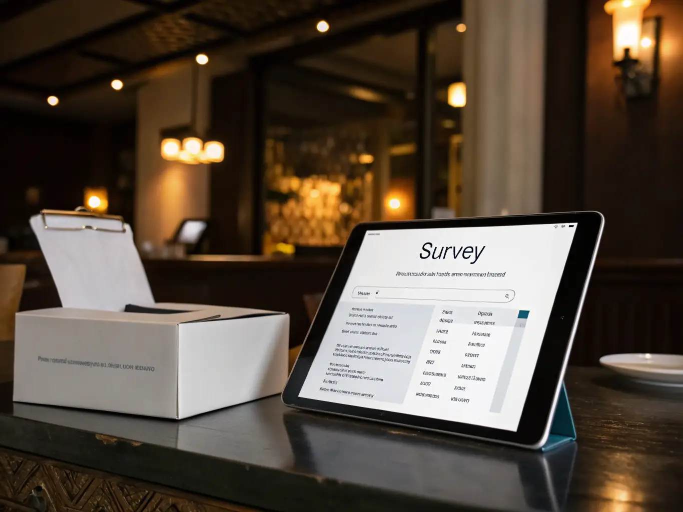 A graphic illustrating a guest leaving positive feedback on a digital survey, with visual representations of data analysis and satisfaction metrics.